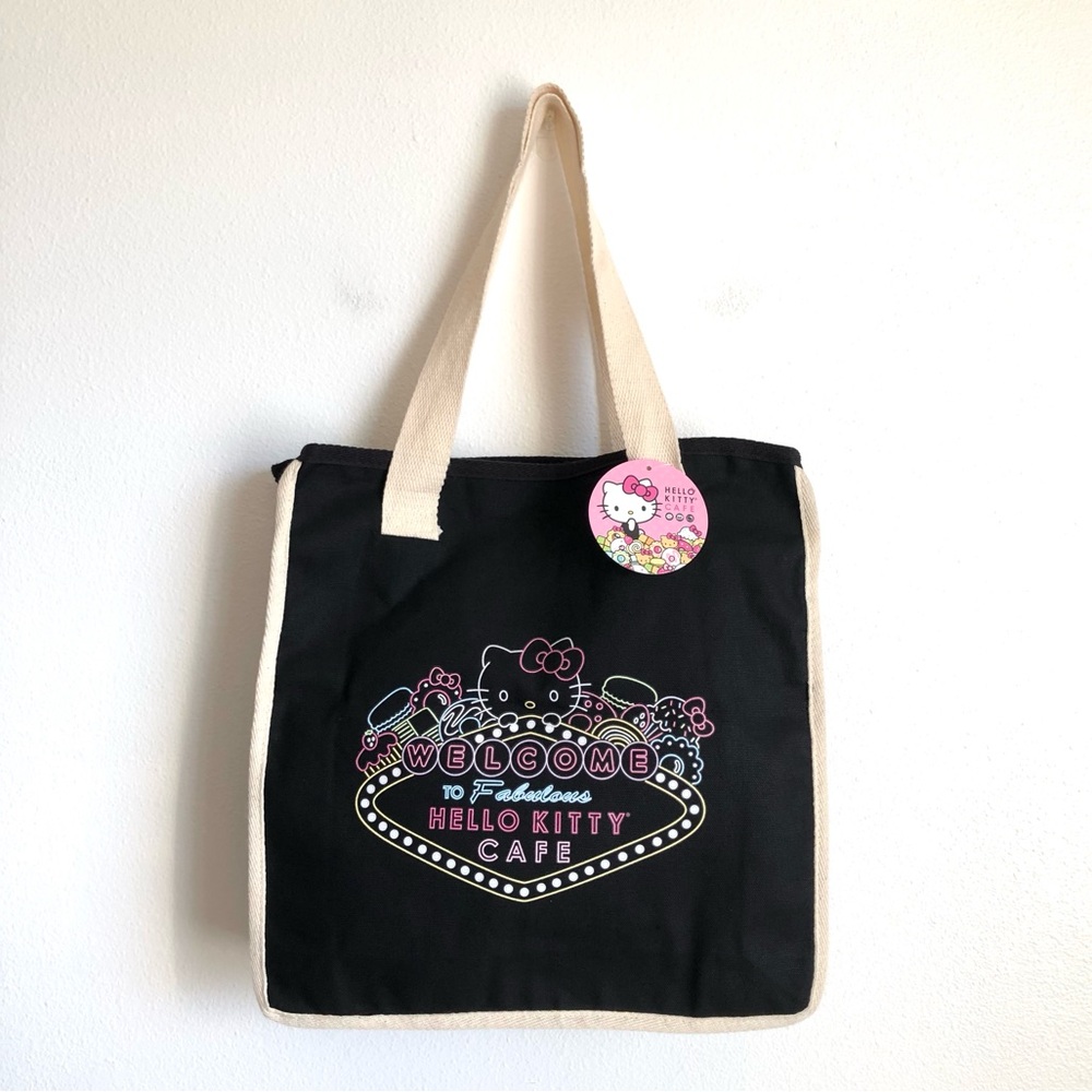 NWT Sanrio Hello Kitty Cafe Las Vegas Black Pastel Dessert Theme Canvas Tote Bag
